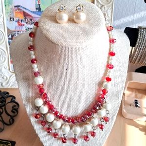 Vintage Faux Pearl and Red AB Crystal Beaded Waterfall Fringe Statement Necklace